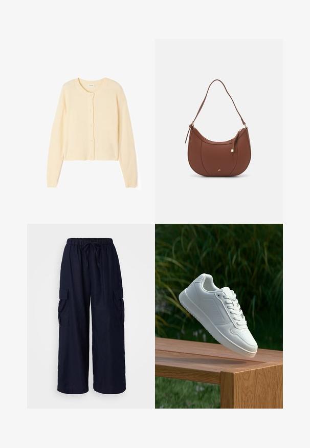 Hellbeige, kurzer Cardigan aus weichem Strickstoff, mit Rundhalsausschnitt, Knopfverschluss sowie gerippten Bündchen und Saum.; Ein schlichtes, weißes T-Shirt aus Baumwolle mit rundem Halsausschnitt, kurzen Ärmeln und lockerer Passform. Glatte Textur ohne Muster oder Akzente.; Marineblaue Cargo-Hosen mit entspannter Passform, elastischem Bund mit Kordelzug und zwei Seitentaschen. Hergestellt aus leichtem Stoff.; Weiße Sneaker mit einem glatten, synthetischen Obermaterial, perforierter Zehenbox, flachen Schnürsenkeln und einer strukturierten Sohle, präsentiert auf einer Holzoberfläche.; Braune Kunstleder-Schultertasche mit geschwungener Form, minimaler Naht und goldfarbener Hardware-Akzent. Verfügt über einen oberen Reißverschluss und einen verstellbaren Trageriemen.
