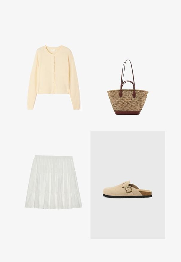 Hellbeige, kurzer Cardigan aus weichem Strickstoff, mit Rundhalsausschnitt, Knopfverschluss sowie gerippten Bündchen und Saum.; Weißes Tanktop, gerippte Textur, runder Ausschnitt, ärmelloses Design, enganliegende Form, dezente Markenkennzeichnung im Etikett im Kragenbereich.; Weißer, gestuftes Kleid mit strukturierter Oberfläche. Verfügt über einen elastischen Taillenbund und geschichtete Rüschen, die eine fließende Silhouette erzeugen.; Beige Wildleder-Slipper mit einem Korkfußbett, runder Zehenpartie und einem einfachen Riemen mit einer goldfarbigen Schnalle. Gummi-Sohle für besseren Halt.; Geflochtene Strohttasche mit geflochtener Textur, dunkelbraunen Ledergriffen und Boden, breiter runder Form und offenes Oberteil.