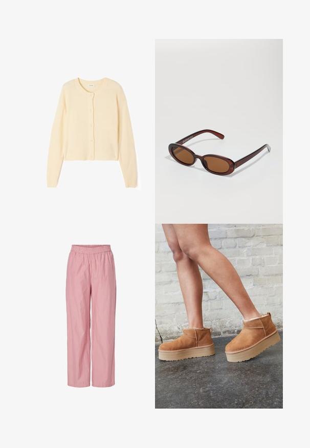 Svijetlo bež skratena kardigan jakna od mekanog pletiva, s okruglim izrezom, zatvaranjem na dugmad te rebrastim manžetama i rubom.; Bijela majica kratkih rukava od pamuka. Ima okrugli izrez i opušteni kroj. Glatka tekstura bez vidljivih uzoraka ili naglasaka.; Roza pruge široke hlače s elastičnim pojasom. Napravljene od laganog materijala s glatkom teksturom. Imaju suptilne vertikalne pruge.; Smeđi antilop čizmi do gležnja s mekanim postavljanjem, debljim bež platformski potplat i stražnjim povlačnim trakama. Teksturirana površina s vidljivim šavovima.; Okvir okruglih, smeđkastih sunčanih naočala s sjajnim burgundskim okvirom. Uski nositelji s suptilnim brendiranjem. Ravna leća.