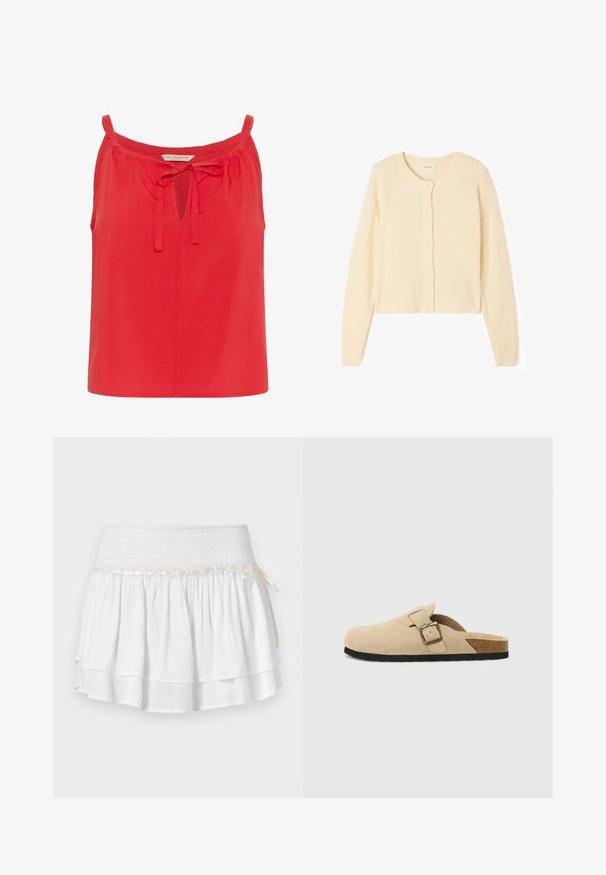 Gai beidzas krekls, izgatavots no mīksta adījuma, ar apaļu kakla izgriezumu, pogu aizdari un ribotām piedurknēm un apakšmalu.; Sarkans bez piedurknēm ar atslēgas caurumu un saistīto detaļu ap kaklu. Izgatavots no gludas auduma ar brīvu piegriezumu un bez papildu rotājumiem.; Balta daudzslāņu svārku ar elastīgu jostu, ar teksturētu smokošanas detaļu un dekoratīvu lentu. Kokvilnas audums.; Beige krēmo zamšs čības ar korķa zoli, noapaļota purngala un vienkārša siksna ar zelta tonēta sprādzi. Gumijas zole labākai saķerei.