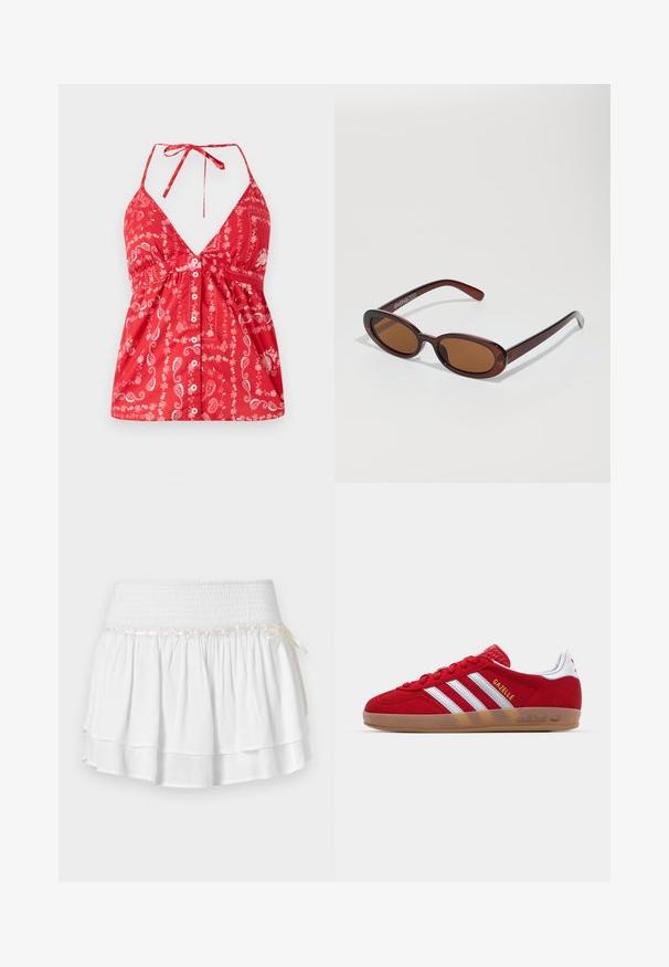 Cardigan cropped color beige chiaro realizzato in morbido tessuto knit, caratterizzato da un colletto rotondo, chiusura a bottoni e polsini e orlo a costine.; Top rosso senza maniche con scollatura a V profonda, motivo paisley e chiusura frontale con bottoni. Presenta spalline regolabili e dettagli di vita arricciata.; Gonna bianca a strati con vita elastica, caratterizzata da un dettaglio in smocking testurizzato e un nastro decorativo. Tessuto di cotone.; Sneaker in suede rosso con design a tre strisce bianche e testo "Gazelle" in oro. Presenta una suola in gomma color cuoio e un tallone testurizzato.; Occhiali da sole rotondi con tonalità marrone, montatura lucida color bordeaux. Aste sottili con un sottile dettaglio del marchio. Design delle lenti piatte.