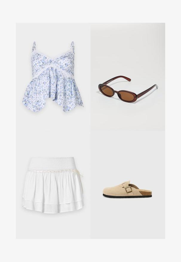 Cardigan cropped color beige chiaro realizzato in morbido tessuto knit, caratterizzato da un colletto rotondo, chiusura a bottoni e polsini e orlo a costine.; Top senza maniche floreale azzurro chiaro con spalline sottili, orlo in pizzo e orlo a balone. Il materiale appare morbido con un delicato motivo floreale.; Gonna bianca a strati con vita elastica, caratterizzata da un dettaglio in smocking testurizzato e un nastro decorativo. Tessuto di cotone.; Zoccoli beige in suede con piede in sughero, punta rotonda e una semplice fascia con una fibbia dorata. Suola in gomma per una buona aderenza.; Occhiali da sole rotondi con tonalità marrone, montatura lucida color bordeaux. Aste sottili con un sottile dettaglio del marchio. Design delle lenti piatte.