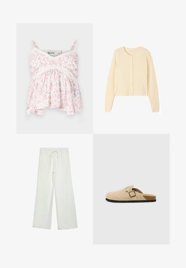 Vaaleanbeige lyhyt neuletakki, joka on valmistettu pehmeästä neuleesta. Siinä on pyöreä kaula-aukko, napitus ja resorit hihoissa sekä helmassa.; Kukkatrikoo toppi, jossa valkoinen tausta, vaaleanpunaisia ja vihreitä kukkia, pitsi yksityiskohtia, tiukasti istuva yläosa ja löysä, virtaava alareuna.; Valkoiset leveälahkeiset housut pehmeästä kankaasta. Varustettu joustavalla vyötäröllä ja nyörillä sekä sileällä pinnalla. Ei näkyviä kuvioita tai tarvikkeita.; Beige mokkasiner i semsket skinn med korksåle, rund tå og en enkel stropp med gulltone spenne. Gummisåle for godt grep.