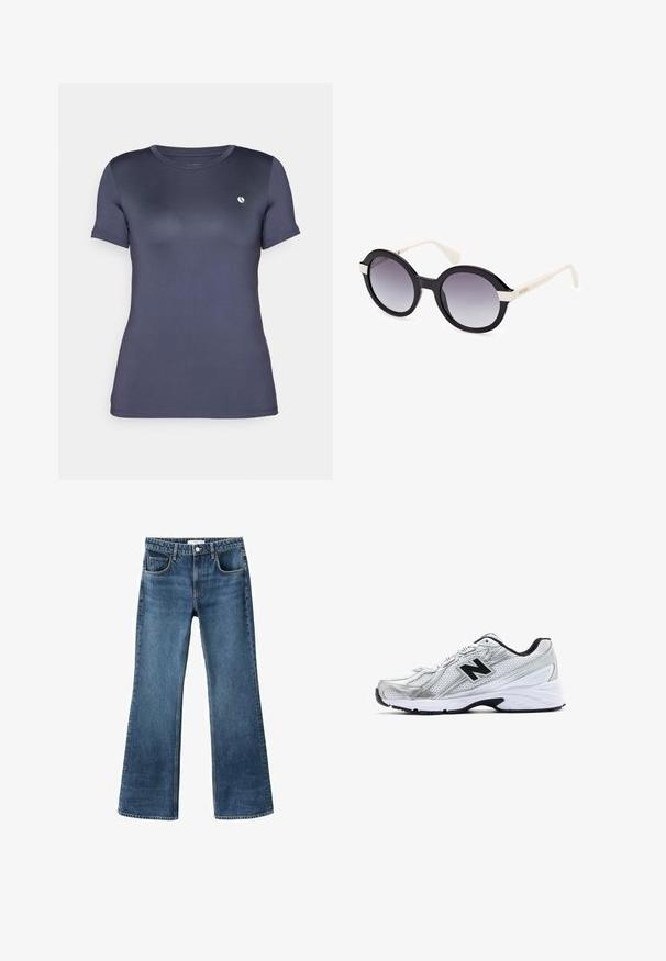 Světle béžový zkrácený kardigan vyrobený z měkké pleteniny, s kulatým výstřihem, zapínáním na knoflíky a žebrovanými manžetami a lemem.; Námorně modré tričko s krátkým rukávem vyrobené z hladkého, elastického materiálu. Obsahuje malé bílé logo na levé hrudi. Klasický design s kulatým výstřihem.; Rozšířené modré džíny z denimu se středním pasem, pěti kapsami a opranou texturou. Dokončené lemy a klasické knoflíkové zapínání.; Stříbrná sportovní bota z materiálu se síťovinou, černé akcenty, perforovaný design a polstrovaná bílá podrážka. Má výrazné logo 'N'.; Černé plastové sluneční brýle s gradientními šedými skly, výrazný kulatý tvar, bílé straničky a lehký vlnitý detail na vrchu.; Bílá tričko Levi's s červeným logem, džínsová taška s modrou látkou, hnědým popruhem a světle modrou džínsovou kšiltovkou. Jednoduchý, ležérní design a barvy.