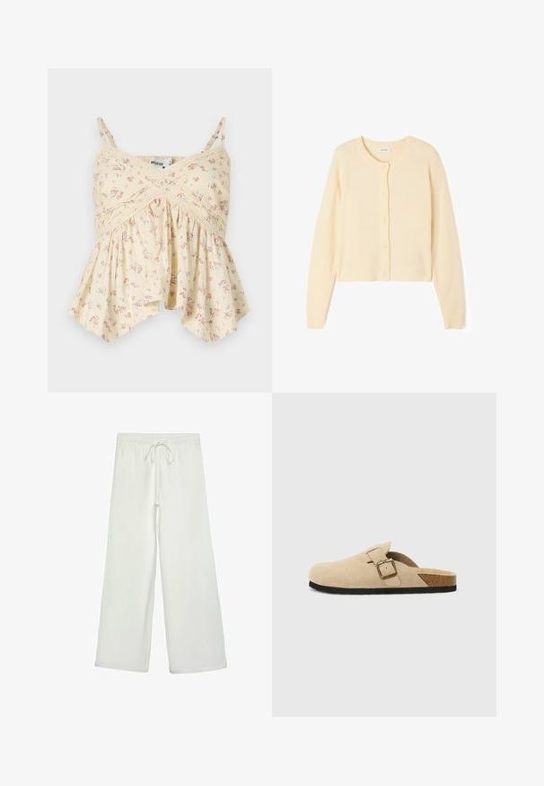 Světle béžový zkrácený kardigan vyrobený z měkké pleteniny, s kulatým výstřihem, zapínáním na knoflíky a žebrovanými manžetami a lemem.; Žlutá květinová tílko s tenkými ramínky, nařaseným dekoltem a rozšířeným lemem. Má malé růžové a modré květy a krajkové detaily.; Bílé kalhoty s širokými nohavicemi vyrobené z měkké tkaniny. Mají elastický pas se stahovací šňůrkou a hladkou strukturu. Žádné viditelné vzory ani kovové prvky.; Béžové semišové klouzavé dřeváky s korkovou stélkou, zaoblenou špičkou a jednoduchým páskem s kovovou sponou v zlatém tónu. Gumová podrážka pro lepší přilnavost.