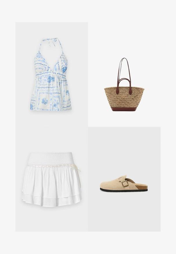 Cardigan cropped color beige chiaro realizzato in morbido tessuto knit, caratterizzato da un colletto rotondo, chiusura a bottoni e polsini e orlo a costine.; Top halter stampato blu e bianco con scollo a V profondo, vita arricciata e motivi floreali, dotato di legacci regolabili e dettagli con bottoni.; Gonna bianca a strati con vita elastica, caratterizzata da un dettaglio in smocking testurizzato e un nastro decorativo. Tessuto di cotone.; Zoccoli beige in suede con piede in sughero, punta rotonda e una semplice fascia con una fibbia dorata. Suola in gomma per una buona aderenza.; Borsa tote in paglia intrecciata con texture a treccia, manici e base in pelle marrone scuro, forma circolare larga e design con apertura superiore.