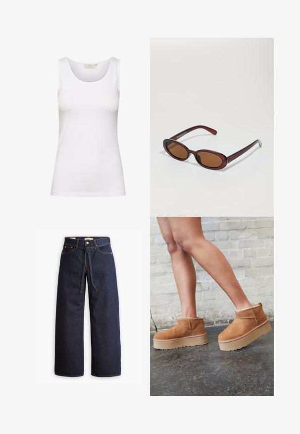 Jasno beżowy krótki kardigan wykonany z miękkiej dzianiny, z okrągłym dekoltem, zapięciem na guziki oraz prążkowanymi mankietami i dołem.; Biała bawełniana koszulka na ramiączkach z dekoltem w serek o dopasowanym kroju. Posiada gładką teksturę i minimalne szwy, idealna do warstwowego noszenia.; Spodnie dżinsowe w kolorze ciemnoniebieskim o szerokich nogawkach i wysokim stanie, z wiązaniem na sznurki, pięcioma kieszeniami oraz kontrastowymi detalami w staszcu.; Brązowe zamszowe botki sięgające kostki z puszystą wyściółką, grubą beżową platformą oraz tylną pętelką. Teksturowana powierzchnia z widocznymi detalami zszycia.; Okrągłe, brązowe okulary przeciwsłoneczne z błyszczącą bordową oprawą. Cienkie ramiona z subtelnym detalem marki. Płaski kształt soczewek.