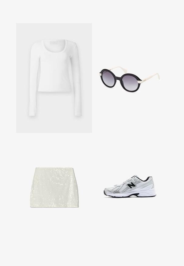 Jasno beżowy krótki kardigan wykonany z miękkiej dzianiny, z okrągłym dekoltem, zapięciem na guziki oraz prążkowanymi mankietami i dołem.; Biała, długosleeve'owa koszulka z prążkowanej tkaniny, z okrągłym dekoltem i dopasowanym krojem, charakteryzująca się gładką fakturą i delikatnym stretch'em.; Bershka - Spódnica trapezowa; Srebrny but sportowy z siateczkowego materiału, czarnymi akcentami, perforowanym wzorem i wyściełaną białą podeszwą. Posiada wyraźne logo 'N'.; Czarne plastikowe okulary przeciwsłoneczne z gradientowymi szarymi soczewkami, w dużym okrągłym kształcie, z białymi ramionami i delikatnym falowanym detalem na górze.; Biała koszulka Levi's z czerwonym logo, dżinsowa torba z niebieskim materiałem, brązowym uchwytem oraz jasnoniebieska czapka dżinsowa. Prosty, codzienny design i kolory.