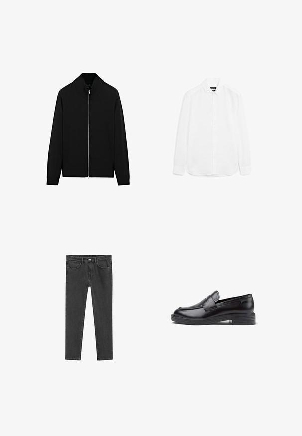 Black cardigan with a high collar and a full-length zipper. Made from a smooth fabric, featuring ribbed cuffs and hem. Simple design.; White long-sleeve shirt made of smooth fabric, featuring a button-up front, pointed collar, and rounded hem with buttoned cuffs.; Black denim jeans with a straight leg design, five pockets, and a front closure featuring a metal button and zipper. Soft, textured fabric.; Black leather loafer with a low ribbed heel, rounded toe, decorative stitched accents, and a front strap detail. Smooth texture.