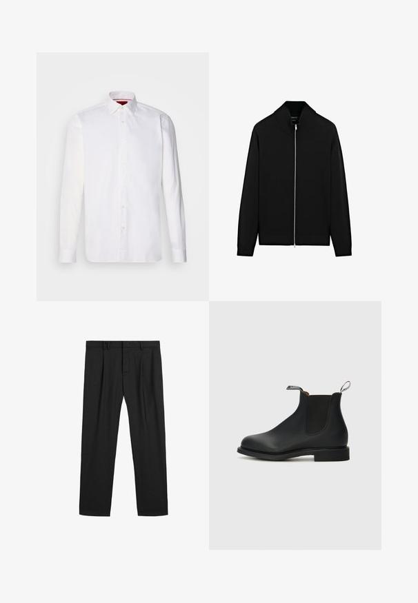 Zwarte cardigan met een hoge kraag en een rits over de volle lengte. Gemaakt van een soepele stof, met ribgebreide manchetten en zoom. Eenvoudig ontwerp.; Witte overhemd met lange mouwen van katoen, met een klassieke kraag, een voorkant met knopen en een gladde textuur. Rode details aan de binnenkant van de kraag.; Zwarte geplooide broeken gemaakt van een gladde stof, met een traditionele tailleband en een recht gesneden ontwerp. Geen zichtbare patronen of hardware.; Zwarte leren Chelsea-boot met elastische zijpanelen, ronde neus en trekhaak. Beschikt over een lage blokhak en een gladde textuur.
