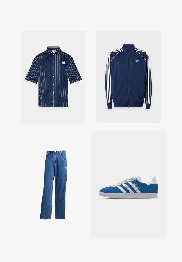 Sötétkék cipzáras dzseki sima anyagból. Fehér háromcsíkos mintázat található az ujjakon, valamint fehér logó a mellkason.; Champion MLB SHIRT - Ing - dark blue; Kék, magas derekú, bő szárú farmernadrág elülső zsebekkel, övhurkokkal, gombos záródással és kicsi Adidas logóval a jobb combon.; adidas Originals ADIDAS GAZELLE SHOES - Beltéri futballcipő - real madrid/bluebird/footwear white/crew yellow