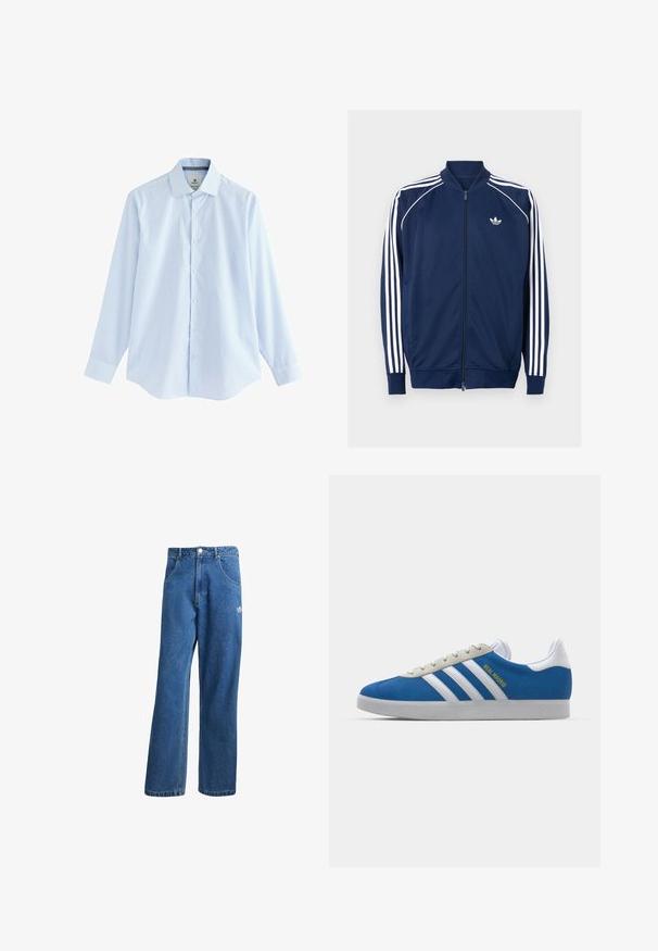 Tamsiai mėlynas užtrauktuku užsegamas džemperis, pagamintas iš lygaus audinio. Jame yra baltos trijų juostelių dizainas ant rankovių ir baltas logotipas ant krūtinės.; Mėlynai languota ilgomis rankovėmis marškiniai su mygtukų apykakle, pagaminti iš lengvos medžiagos, su baltais mygtukais ir suapvalintu kraštu.; Mėlynos aukštu liemeniu plačios džinsinės kelnės su priekinėmis kišenėmis, diržo kilpos, sagčių uždarymu ir mažu Adidas logotipu dešinėje šlaunyje.; adidas Originals ADIDAS GAZELLE SHOES - Salės futbolo bateliai - real madrid/bluebird/footwear white/crew yellow