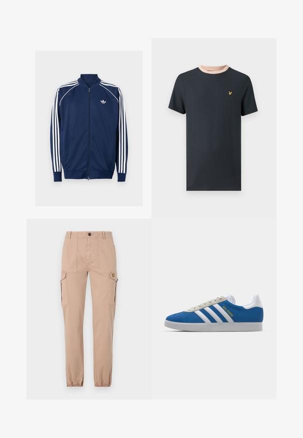 Mornarsko plava jakna na zip od glatkog materijala. Ima bijeli dizajn s tri pruge na rukavima i bijeli logo na prsima.; Tamnoplava majica kratkih rukava s kontrastnim svijetloružičastim rebrastim ovratnikom i malim zlatnim grbom na prsima. Mekani pamučni materijal.; Bež cargo hlače s uskim krojem, s dvije bočne džepove i elastičnim manžetama. Mekani pamučni materijal, jednostavan dizajn bez uzoraka.; adidas Originals ADIDAS GAZELLE SHOES - Dvoranske nogometne kopačke - real madrid/bluebird/footwear white/crew yellow