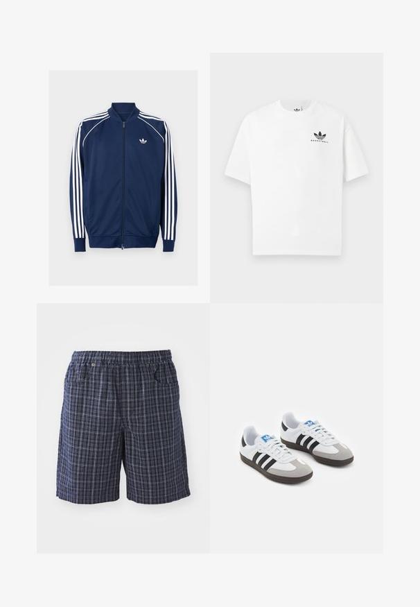Marineblå zip-up jakke lavet af glat stof. Har hvidt tre-stripes design på ærmerne og et hvidt logo på brystet.; Hvid bomulds t-shirt med korte ærmer, der har et sort "BASKETBALL" logo og det ikoniske tre-stribes design på forsiden.; Marinefarvede ternede shorts med elastisk talje, som har lommer og en løs pasform. Fremstillet af letvægtsstof med et ternet design.; Sportsko med en overdel i hvid læder, grå ruskind på tåen og tre sorte striber. Har et blåt logo på tungen og en struktureret gummisål.