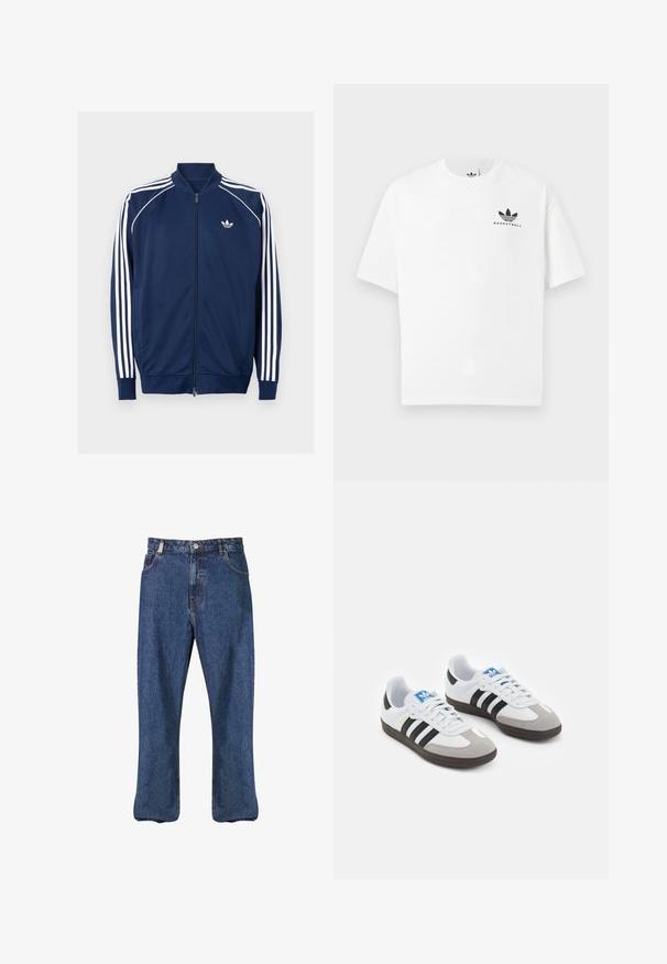 Tamsiai mėlynas užtrauktuku užsegamas džemperis, pagamintas iš lygaus audinio. Jame yra baltos trijų juostelių dizainas ant rankovių ir baltas logotipas ant krūtinės.; Balta medvilninė marškinėlių su trumpomis rankovėmis, su juodu "BASKETBALL" logotipu ir ikonišku trimis juostelėmis dizainu priekyje.; Tamsiai mėlynos džinsinės kelnės, tiesaus kirpimo, klasikiniu penkių kišenių stiliumi ir matomomis siūlėmis.; Sportiniai batai su balta odine viršutine dalimi, pilku zomšiniu priekiu ir trimis juodomis juostelėmis. Ant liežuvio yra mėlynas logotipas, o padas pagamintas iš tekstūruoto gumos.