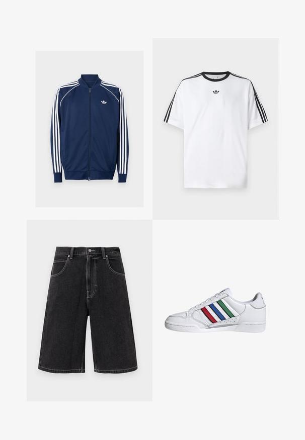 Navy sininen vetoketjullinen takki, joka on valmistettu sileästä kankaasta. Takissa on valkoiset kolmen raidan suunnittelu hihoissa ja valkoinen logo rinnassa.; Valkoinen t-paita, joka on valmistettu puuvillasta, mustalla pyöreällä kaula-aukolla ja kolmella mustalla raidalla jokaisella olkapäällä. Pieni musta logo rinnassa.; Mustat farkkushortsit rentoa mallia, joissa on viisi taskua, kontrastiväriset tikkaus ja napitus vyötäröllä.; Valkoiset nahkakevytlenkkarit, joissa on kolme vaakasuoraa raitaa punaisena, sinisenä ja vihreänä. Kaarrettu varvas, strukturoitu yläosa ja pehmustettu kaulus.