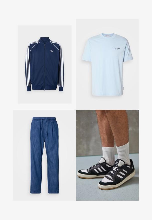 Námořnická modrá zipová bunda vyrobená z hladkého materiálu. Obsahuje bílý design se třemi pruhy na rukávech a bílou logo na hrudi.; Svetle modré bavlněné tričko s kulatým výstřihem, krátkými rukávy a malým tmavým potiskem, který říká „MARC O'POLO DENIM“ na hrudi.; Modré denimové kalhoty s elastickým pasem a šňůrkou. Rovný střih bez viditelných kapes nebo ozdob. Měkká textura.; Černobílé tenisky s vrchní částí z semišové a kožené kůže, včetně tří bílých pruhů, perforovaného špičky a podrážky z gumy.