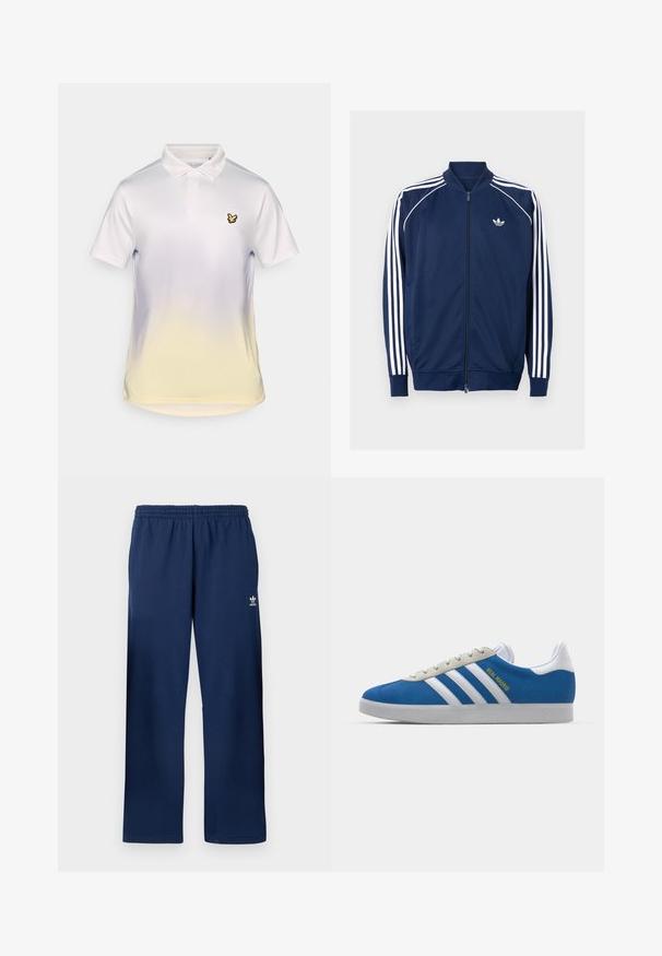 Navy blue zip-up jacket made of smooth fabric. Features white three-stripe design on sleeves and a white logo on the chest.; White polo shirt featuring a yellow gradient at the bottom, a classic collar, and a small black bird logo on the left chest.; Navy blue Adidas track pants with elastic waistband and small white Adidas logo on upper left thigh.; adidas Originals ADIDAS GAZELLE SHOES - Indoor football boots - real madrid/bluebird/footwear white/crew yellow