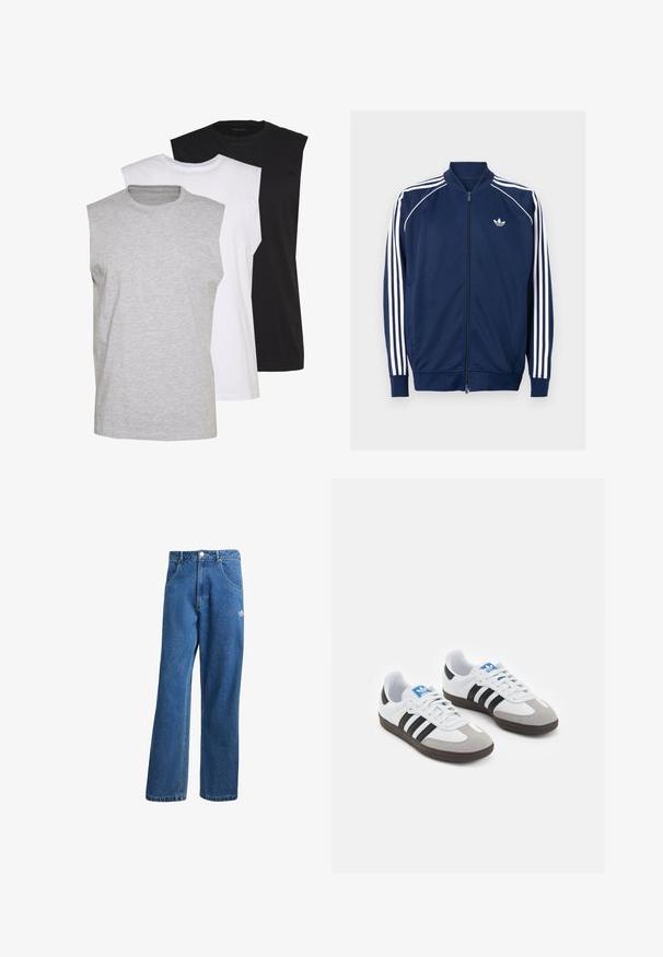 Temno modra zip-jakna iz gladkega materiala. Ima beli trideln design na rokavih in bel logo na prsih.; Tri brezrokavne majice v sivi, beli in črni barvi. Mehka bombažna tkanina s krojnim ovratnikom in sproščenim fit. Enostavna zasnova, brez vzorcev.; Modre visoko pasu široke denim kavbojke z sprednjimi žepi, zankami za pas, gumbom za zapiranje in majhnim logotipom Adidas na desni stegno.; Športni čevlji z belim usnjenim zgornjim delom, sivim semišem na prstih in tremi črnimi črtami. Imajo modro logo na jeziku in teksturiran gumijast podplat.