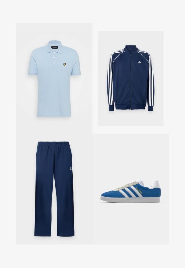 Navy sininen vetoketjullinen takki, joka on valmistettu sileästä kankaasta. Takissa on valkoiset kolmen raidan suunnittelu hihoissa ja valkoinen logo rinnassa.; Vaaleansininen puuvillapolo, jossa on kolme nappia, lyhyet hihat ja pieni keltainen brodeerattu logo rinnassa.; Laivastonsiniset Adidas-verkkarit, joissa on joustava vyötärönauha ja pieni valkoinen Adidas-logo vasemman reiden yläosassa.; adidas Originals ADIDAS GAZELLE SHOES - Sisäjalkapallokengät - real madrid/bluebird/footwear white/crew yellow