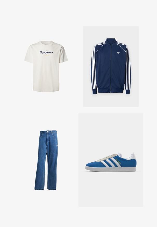 Tumesinine tõmblukuga jakk, mis on valmistatud siledast kangast. Omab valget kolme riba disaini varrukatel ja valget logo rinnal.; Kreem värvi puuvillane T-särk lühikeste varrukatega, ümmarguse kaelusega, millel on navy sinise värviga "Pepe Jeans" ja logost allpool oranž "LONDON".; Sinine kõrge vöökohaga avar jakkidega teksapükse, millel on ees taskud, vöökoharingid, nupuga sulgemine ja väike Adidas'i logo paremal reiel.; adidas Originals ADIDAS GAZELLE SHOES - Saalijalgpalli saapad - real madrid/bluebird/footwear white/crew yellow