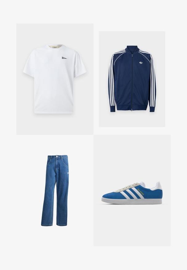 Navy blue zip-up jacket made of smooth fabric. Features white three-stripe design on sleeves and a white logo on the chest.; White cotton t-shirt featuring a small black triangular logo on the left chest. Short sleeves and round neckline, casual fit.; Blue high-waist wide-leg denim jeans with front pockets, belt loops, button closure, and small Adidas logo on the right thigh.; adidas Originals ADIDAS GAZELLE SHOES - Indoor football boots - real madrid/bluebird/footwear white/crew yellow