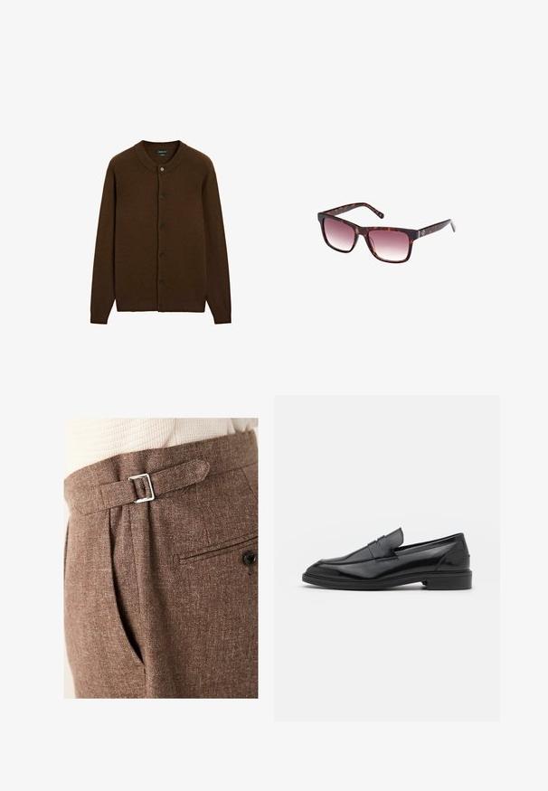Hnědý vlněný kardigan na knoflíky s žebrovým límcem, manžetami a spodním lemem, s šesti černými knoflíky vpředu.; Bílé tričko s dlouhým rukávem a kulatým výstřihem, vyrobené z hladké bavlněné tkaniny. Má žebrované manžety a rovný spodní lem, bez viditelných vzorů.; Hnědé kalhoty na míru vyrobené z texturované látky, s stříbrnou sponou v pase, záhyby a zadní kapsou s knoflíkem.; Černé kožené mokasíny s hladkým povrchem, s kulatou špičkou a úzkým páskem přes svršek. Nízký vrstvený podpatek.; Sluneční brýle s želvovinovým vzorem, obdélníkovým rámem, gradientovými skly a silnými stranami s jemným detailem loga. Hladký povrch, moderní design.