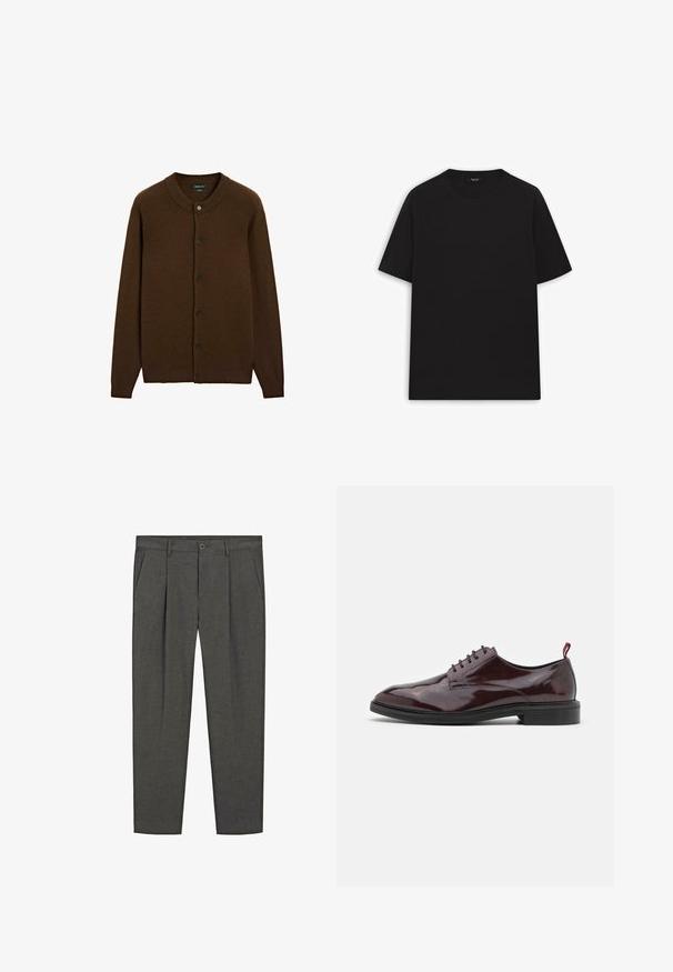 Gilet boutonné en laine marron avec col, poignets et ourlet côtelés, comportant six boutons noirs sur le devant.; T-shirt noir en coton à manches courtes, col rond et texture uniforme. Pas de motifs ou de détails en métal visibles.; Pantalon gris sur mesure avec un motif à rayures, devant plissé, poches latérales et fermeture à bouton. Fabriqué en tissu tissé, texture lisse.; Chaussure de ville en cuir bordeaux avec une finition brillante, à bout rond, à lacets, et une semelle noire contrastante. Comprend un onglet de talon rouge.