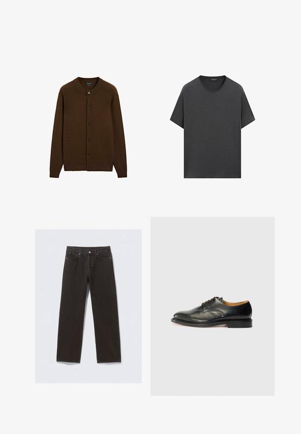 Brązowy wełniany kardigan zapinany na guziki z prążkowanym kołnierzem, mankietami i dołem, z sześcioma czarnymi guzikami z przodu.; Ciemnoszara podkoszulka z krótkim rękawem i okrągłym dekoltem, wykonana z bawełny, o luźnym kroju i minimalistycznym wzornictwie.; Czarne dżinsy o prostym kroju, pięć kieszeni oraz miedziane przeszycia. Gładka textura, klasyczne zapięcie na guzik w talii.; Czarne skórzane buty eleganckie z gładkim wykończeniem, okrągłym noskiem i minimalnym sznurowaniem. Charakteryzują się subtelnym wzornictwem oraz niską, solidną gumową podeszwą.