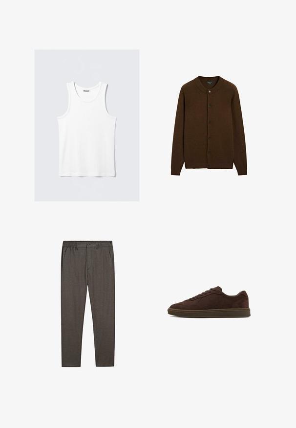Brown wool button-up cardigan with ribbed collar, cuffs, and hem, featuring six black buttons down the front.; White tank top with a round neckline and wide straps. Made of a smooth, lightweight fabric, featuring a minimalist design without patterns.; Gray trousers with a soft texture, featuring an elastic waistband, button closure, and side pockets, designed with a straight leg cut.; Brown suede sneaker with a low profile, round toe, and minimalistic design. Features a textured upper and a contrasting rubber sole.