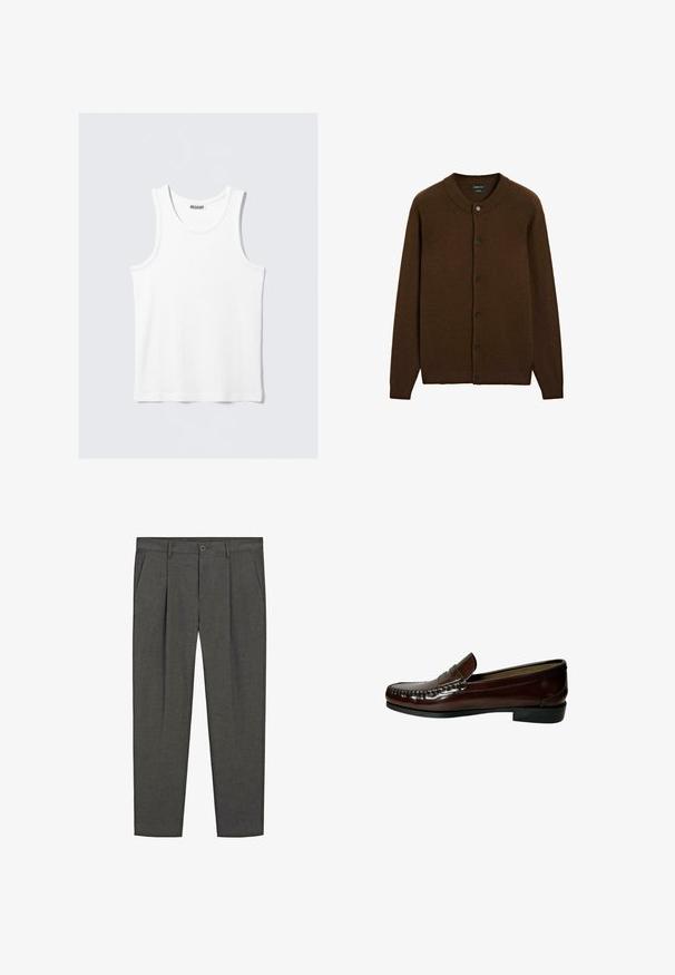 Brown wool button-up cardigan with ribbed collar, cuffs, and hem, featuring six black buttons down the front.; White tank top with a round neckline and wide straps. Made of a smooth, lightweight fabric, featuring a minimalist design without patterns.; Gray tailored pants with a pinstripe pattern, pleated front, side pockets, and a button closure. Made of woven fabric, smooth texture.; Brown leather loafer with a rounded toe, slip-on design, textured stitching, and a low black rubber heel. Smooth, polished finish.