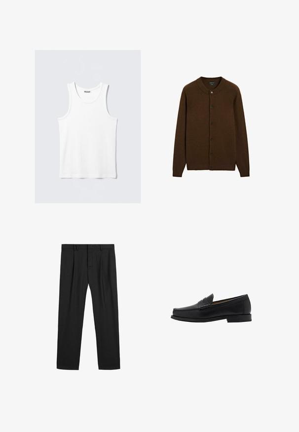 Brun ullknäppad kofta med ribbad krage, manschetter och nederkant, med sex svarta knappar framtill.; Vit linne med rund halsringning och breda axelband. Tillverkad av ett mjukt, lätt tyg och har en minimalistisk design utan mönster.; Svarta plisserade byxor i en slät tygkvalitet, med en traditionell midjeresår och raka ben. Inga synliga mönster eller detaljer.; Mango Business slip-ins - black