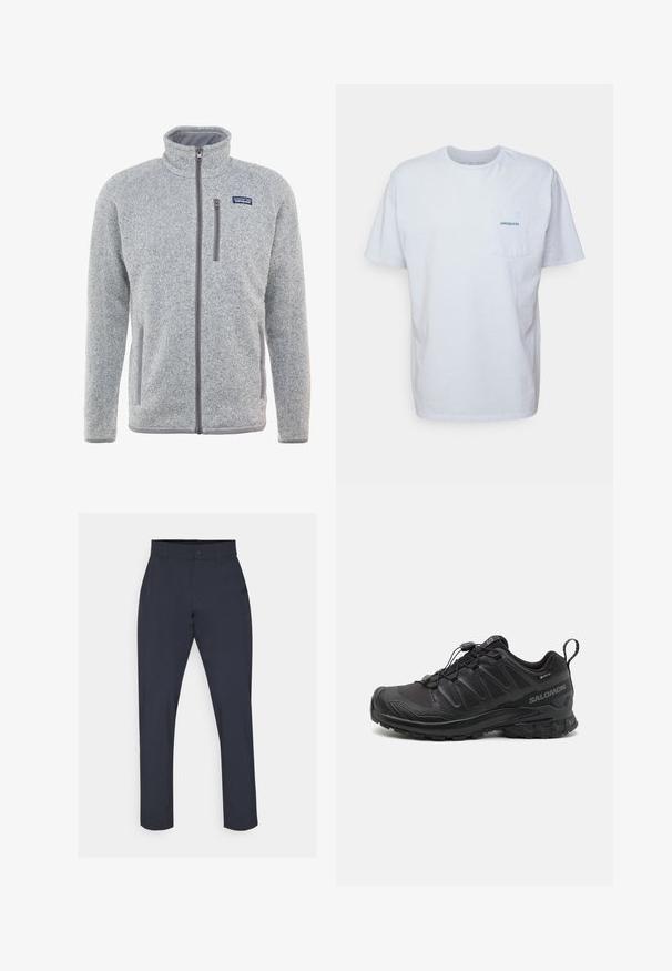 Siva flis jakna s visokim ovratnikom, punim patentnim zatvaračem, bočnim džepovima i džepom na prsima. Sadrži teksturiranu tkaninu i kontrastne detalje.; Bjela pamučna majica s kratkim rukavima, okruglim izrezom i lijevim džepom na prsima s plavim "Patagonia" logom. Klasični kroj s glatkom teksturom.; Mornarske hlače izrađene od laganog materijala, s standardnim krojem, dugmetom za zatvaranje i glatkom teksturom bez uzoraka ili ukrasa.; Crne atletske cipele s teksturiranim sintetičkim gornjim dijelom, podstavljenim đonom i sustavom brzog vezivanja. Imaju ojačani nos i petu.