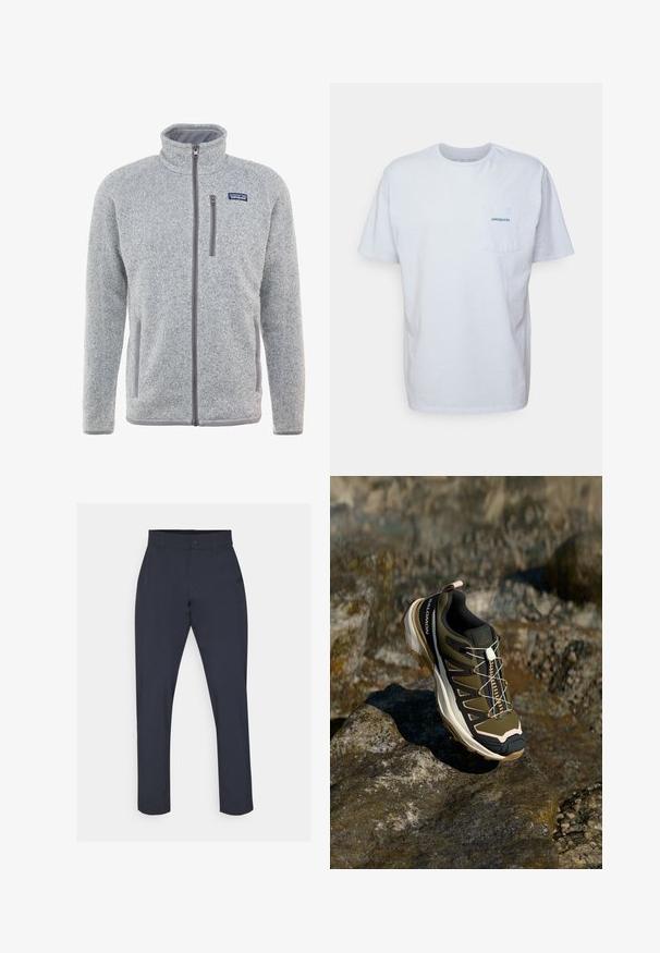 Hall suhkrukate kõrge kraega, täispikkuselt lukuga, küljetaskud ja rinnaehted. Omab tekstuurset kangast ja kontrastseid toone.; Valge puuvillane t-särk lühikeste varrukatega, ümar kaelus ja vasakpoolne rinnatasku koos sinise "Patagonia" logoga. Klassikaline lõige, sileda tekstuuriga.; Tumed püksid, mis on valmistatud kergest kangast, standardse jahutusega, nööpkinnitusega ning sileda tekstuuriga, ilma mustrite või kaunistusteta.; Olive rohelised ja mustad matkasaapad roosade aktsentidega. Omab tekstuurset ülemist osa, painduvaid põhi, tugevdatud varbakaitset ja värvilist paeltesüsteemi.