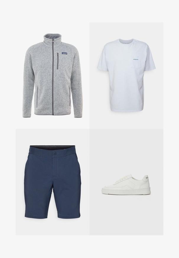 Chaqueta de terciopelo gris con cuello alto, cremallera completa, bolsillos laterales y un bolsillo en el pecho. Presenta un tejido texturizado y acentos en contraste.; Camiseta de algodón blanca de manga corta, con cuello redondo y un bolsillo en el pecho izquierdo que presenta un logotipo azul de "Patagonia". Corte clásico con una textura suave.; Pantalones cortos azul marino hechos de tela suave, con cierre de botón, presillas para cinturón y patas rectas con dobladillos cosidos.; Zapatilla de cuero blanca con un acabado suave, puntera redonda, cordones planos y suela texturizada. Cuenta con un sutil logo en el talón.