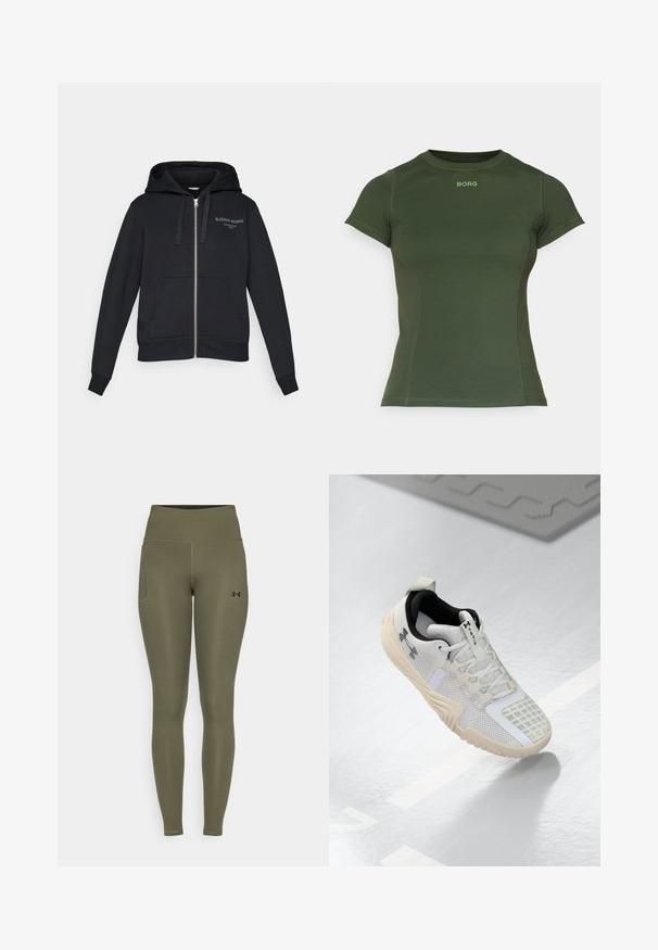 Sweatshirt preto com fecho de correr, feito de material suave, com bolso canguru, capuz ajustável por cordão e logótipo bordado em verde-claro.; T-shirt ajustado em verde oliva, feito de tecido suave, com mangas curtas e decote redondo canelado. Logotipo "BORG" em verde claro na frente.; Leggings verde-oliva com uma cintura alta, tecido suave, bolso lateral e detalhe de logo preto na parte inferior da perna direita.; Shoe atlético branco com um upper de malha texturizada, interior preto e sola de borracha bege com um padrão de aderência. Acentuado por detalhes subtis.
