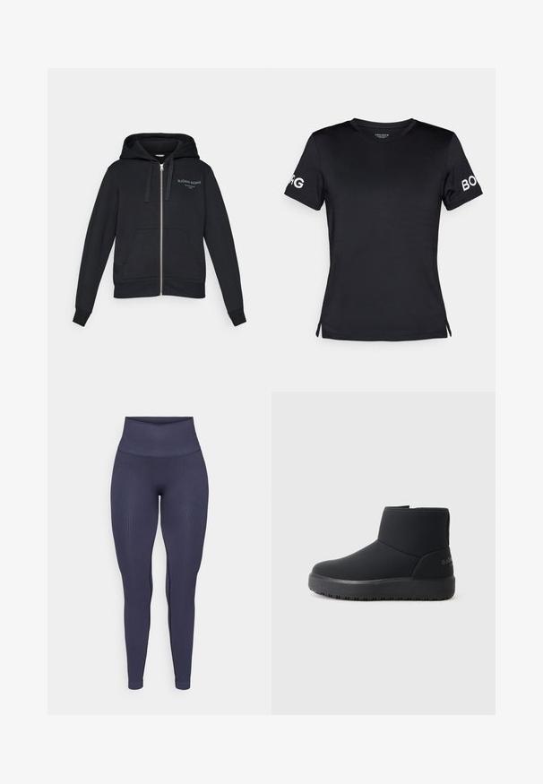 Felpa nera con zip, realizzata in materiale morbido, con tasca a marsupio, cappuccio regolabile con coulisse e logo ricamato in verde chiaro.; T-shirt nera a maniche corte realizzata in tessuto liscio. Presenta un collo a giro e il logo "BORG" in bianco sulla manica destra.; Leggings a coste blu navy con vita alta, design aderente e texture liscia, caratterizzati da dettagli discreti sulle cuciture laterali.; Stivaletti neri alla caviglia con una superficie esterna liscia, punta arrotondata, dettagli di cucitura discreti e una suola spessa texturizzata. Presentano un logo sul retro.