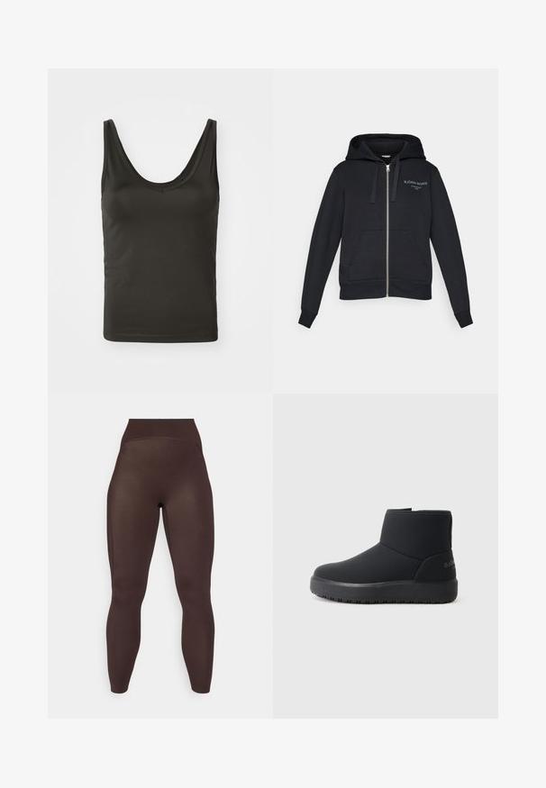 Čierna zipsová mikina vyrobená z mäkkého materiálu s klokankou, nastaviteľnou kapucňou so šnúrkou a vyšívaným logom v svetlozelenej farbe.; Čierny bezrukávový top s okrúhlym výstrihom, vyrobený z hladkej, elastickej tkaniny. Jednoduchý dizajn s čistými okrajmi, vhodný na vrstvenie.; Tmavohnedé vysoké bezšvíkové legíny s úzkym strihom a hladkou textúrou, vystavené na jednofarebnom bielom pozadí.; Čierne členkové topánky s hladkým povrchom, okrúhlou špičkou, jemnými švovými detailami a hrubou textúrovanou podrážkou. Na zadnej strane sa nachádza logo.