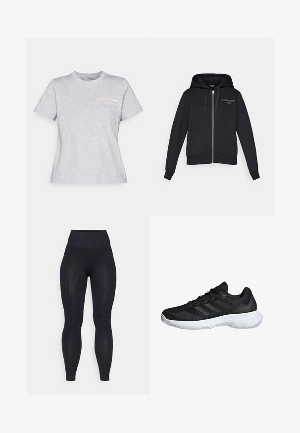 Mustade tõmbluku ja pehme kangaga kapuutsiga puuvillane dressipluus, millel on tasku ees ja reguleeritav kapuuts, samuti helesinise tikandiga logo.; Hallhalli puuvillane t-särk, millel on ümar kaelus, lühikesed varrukad ja roosa trükitud logo "BJÖRN BORG STOCKHOLM 1986" rinnal.; Mustad ribad leggings kõrge vöökoht, valmistatud venivast materjalist. Omab siledat tekstuuri ja vertikaalseid mustreid kogu ulatuses.; Must must-gadeeline, koos võrgusilma ülemise osaga, sünteetiliste nahainetega, lame nööridega ja valge kummist tallaga, millel on tekstureeritud haarde muster.