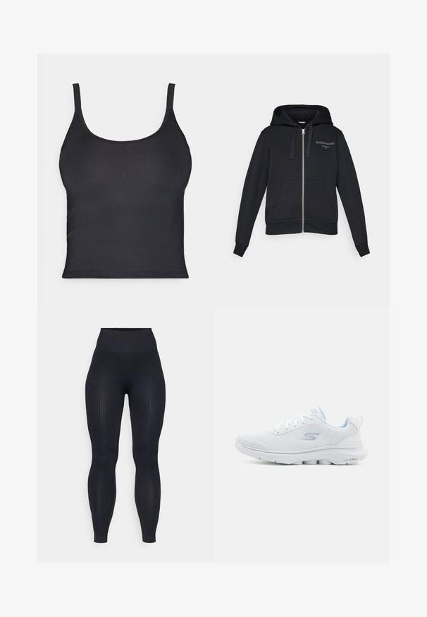 Crna zip-up dukserica napravljena od mekanog materijala sa kengur džepom, podesivom kapuljačom sa vezicom i izvezenim logotipom u svijetlozelenoj boji.; Crna prilagođena majica na bazi bez rukava s tankim trakama, izrađena od glatkog materijala. Ima okrugli izrez i čiste, bešavne rubove.; Crne rebraste tajice s visokim strukom, izrađene od rastezljivog materijala. Imaju glatku teksturu s vertikalnim uzorcima kroz cijeli komad.; Bijela sportska cipela s prozračnom mrežastom gornjištem, svijetloplavi naglasci i obloženi potplat s teksturiranim uzorkom za bolje prianjanje.