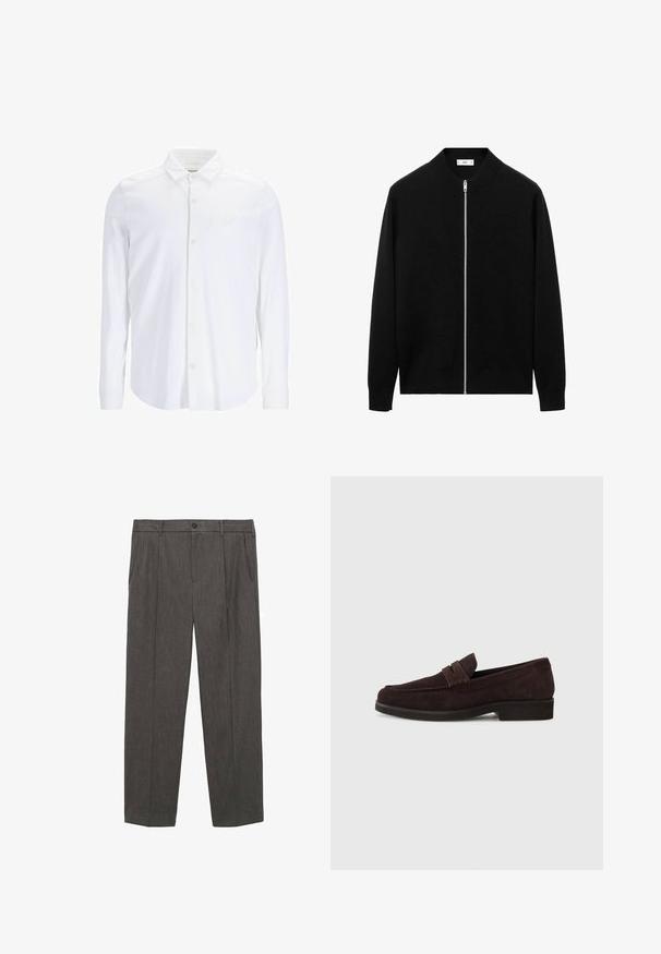 Czarny długi rękaw zapinany kardigan z prążkowanym kołnierzem i srebrnym zamkiem, wyeksponowany na białym tle.; Biała koszula z długim rękawem, zapinana na guziki, wykonana z gładkiego materiału, z klasycznym kołnierzykiem, z przodem z klapą oraz subtelnym akcentem logo na piersi.; Szare, dopasowane spodnie wykonane z teksturowanej tkaniny. Posiadają zapięcie na guzik, dwie kieszenie z przodu oraz prostą nogawkę.; Brązowe zamszowe mokasyny o niskim profilu i zaokrąglonym nosie. Posiadają ozdobny pasek na górze, płaską gumową podeszwę i brak widocznych szwów.