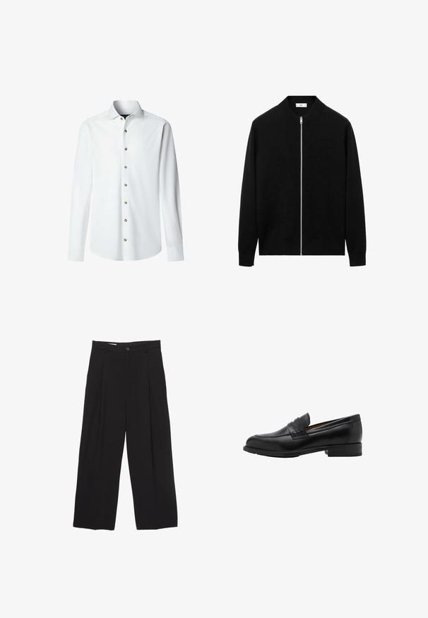 Cardigan nero con maniche lunghe e zip, colletto a costine e zip argentata, esposto su uno sfondo bianco.; Camicia bianca a maniche lunghe realizzata in tessuto morbido con chiusura a bottoni. Presenta un colletto classico e bottoni color ottone lungo la parte anteriore.; Pantaloni neri a gamba larga realizzati in tessuto morbido, con vita piatta, pinces frontali e chiusura con un bottone.; Mocassini in pelle nera con punta cucita e tacco piatto. Texture liscia con punta arrotondata e una fascia decorativa sopra il collo del piede.