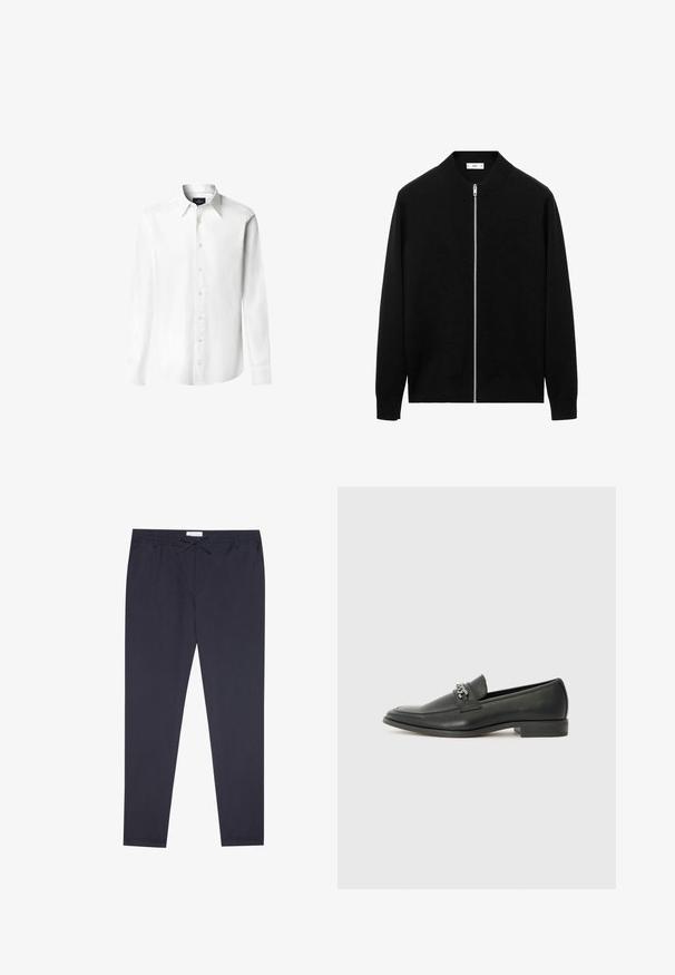 Sort langærmet zip-up cardigan med ribbet krave og sølv lynlås, præsenteret på en hvid baggrund.; Hackett London Skjorter - white; Marineblå bukser lavet af let materiale; har et elastisk taljebånd med snøre og tapered ben. Glat tekstur og ingen synlige mønstre.; Sorte læder loafers med en glat finish, der har et syet design og et dekorativt metal kædeaccent hen over vamps. Flad hæl.