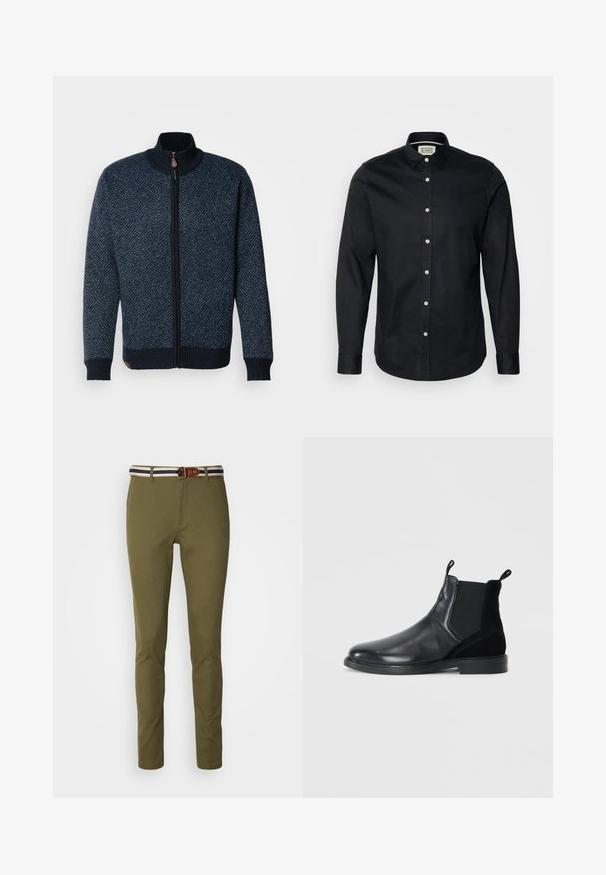 Marineblaues Zip-Up-Sweatshirt mit Fischgrätmuster, geripptem Kragen und Bündchen sowie kontrastierenden dunklen Akzenten. Verfügt über einen Lederakzent am Saum.; Schwarzes Langarmhemd aus Baumwolle mit Umlegekragen, Knopfleiste vorne und kleinem gesticktem Logo auf der Brust.; Slim-fit olivgrüne Hose mit glatter Oberfläche, ausgestattet mit einem gestreiften Bund in Marineblau und Weiß sowie einem Akzent in Form eines braunen Leder-Gürtelschlaufe.; Schwarze Chelsea-Stiefel aus glattem Leder mit Wildlederakzenten, elastischen Seitenpanelen, abgerundeter Zehenpartie und Zugschlaufen für ein einfaches An- und Ausziehen.