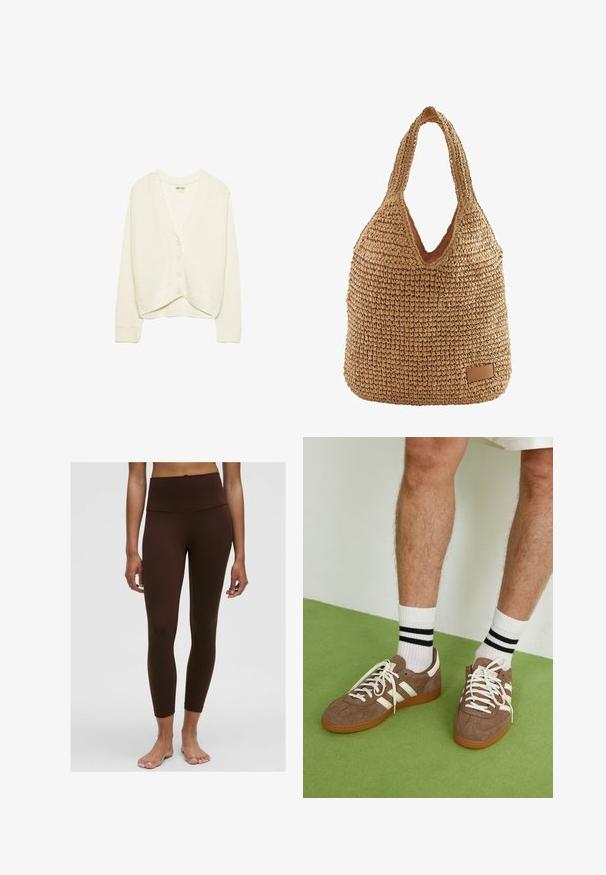 Biely skrátený kardigán, pletená textúra, výstrih do V, predné zapínanie na päť gombíkov, pružné detaily na manžetách a dolnom okraji. Mäkka tkanina, ležérny dizajn.; Bezrukávový sveter v tmavohnedej farbe, vyrobený z mäkkej, štruktúrovanej tkaniny. Disponuje okrúhlym výstrihom a rebrovanými okrajmi na otvárach pre ruky a na leme.; Hnedé legíny s vysokým pásom, hladkou textúrou, priliehavým strihom a dĺžkou po členky. Žiadne viditeľné vzory ani hardvérové detaily.; Hnedé zamatové tenisky s bielymi akcentmi a šnúrkami. Gumová podrážka. Nosené s bielymi ponožkami so čiernymi pruhmi. Zelená textúrovaná podlaha.; Tkaná slamenná taška s uvoľneným tvarom, béžovej farby, V-otvorom a koženou značkou na spodnej strane. Mäkka textúra.
