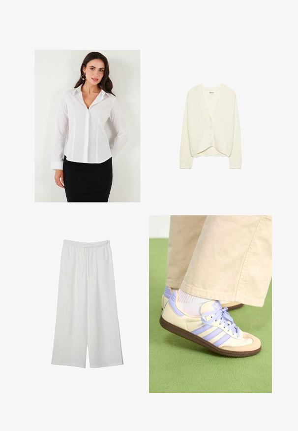 Hvid cropped cardigan, strikket tekstur, V-hals, fem knaplukning foran, ribbede detaljer på ærmerne og kanten. Blødt stof, afslappet design.; Hvid langærmet skjorte med krave, knaplukning foran og lodrette sømme. Kan styles med en sort nederdel for et professionelt look.; Hvide vidde bukser lavet af letvægtsstof, med en elastisk talje og snøre for justerbar pasform. Glat tekstur.; Creme og lavendel sneakers med tre striber og en tekstureret brun sål, der har snørebånd og en polstret hæl. Blødt stof øvre.