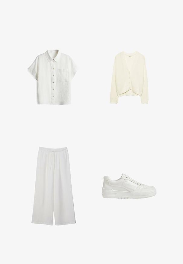 Cardigan corto bianco, texture lavorata a maglia, scollo a V, chiusura frontale con cinque bottoni, accenti a coste su polsini e orlo. Tessuto morbido, design casual.; Camicia di lino bianca a maniche corte con colletto classico, taschino frontale e chiusura a bottoni di diverse tonalità sulla patta. Tessuto testurizzato.; Pantaloni bianchi a gamba larga realizzati in tessuto leggero, dotati di una vita elastica e di un cordino per una vestibilità regolabile. Texture liscia.; Sneakers bianchi in pelle con texture liscia, caviglia imbottita e punta perforata. Presentano una suola in gomma leggermente sollevata e un design con lacci.