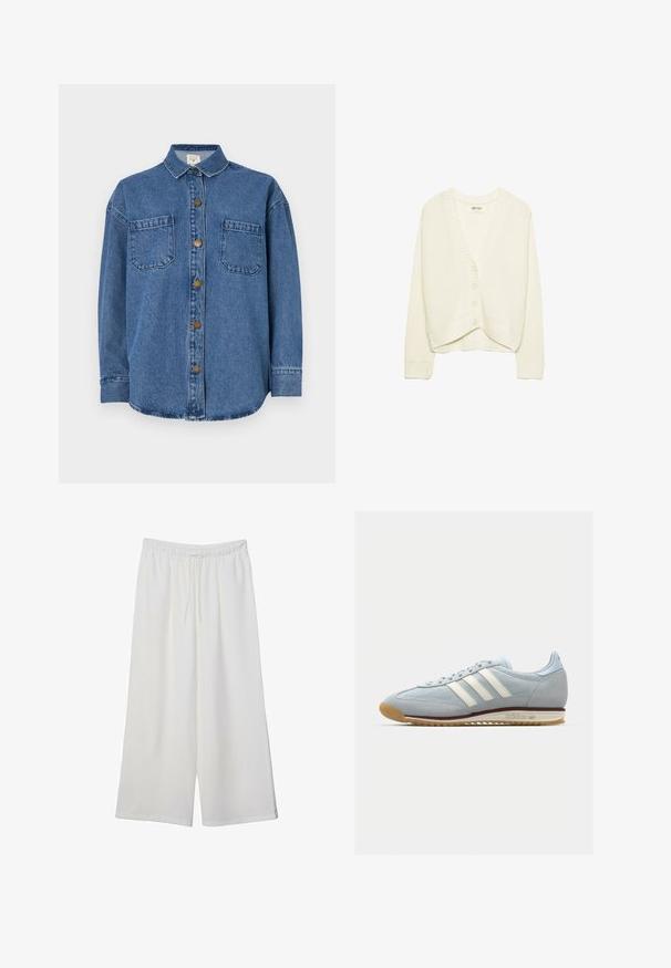 Valkoinen lyhyt neuletakki, neulottu rakenne, V-pääntie, viiden napin etulukitus, kiehkuroita hihansuissa ja helmassa. Pehmeä kangas, rento muotoilu.; Denim-paita keskimääräisessä sinisessä värissä, jossa on napilla suljettava etuosa, kaksi rintataskua ja kauluksellinen kaula-aukko. Pitkät hihat, joissa on napilla suljettavat puhvihihat.; Valkoiset leveälahkeiset housut, jotka on valmistettu kevyestä kankaasta. Niissä on joustava vyötärö ja nauha säädettävää istuvuutta varten. Sileä pinta.; Vaaleansininen mokkanahkakengät, joissa on valkoiset kolme raitaa, kumipohja ja teksturoitu verkko. Ominaisuuksiin kuuluu sileä varvaskuppi ja brändäys kannassa.