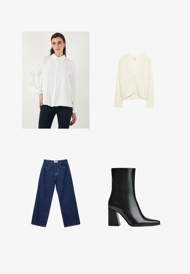 Biely skrátený kardigán, pletená textúra, výstrih do V, predné zapínanie na päť gombíkov, pružné detaily na manžetách a dolnom okraji. Mäkka tkanina, ležérny dizajn.; Biela blúzka s dlhým rukávom, s button-down predným zapínaním, golierom a zbernými elastickými manžetami. Hladká tkanina a splývavý strih.; Široké tmavomodré džínsy s gombíkovým zapínaním, piatimi vreckami a kontrastným bielym šitím. Tkanina má hladký, mierne textúrovaný povrch.; Čierna kožená členková čižma s špicatou špičkou a vysokým blokovým podpätkom. Hladká textura s elegantným siluetou a pevným základom.