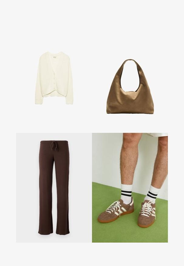 Vit kortärmad cardigan, stickad textur, V-ringad, fem knappstängning framtill, ribbade detaljer vid ärmslut och nederkant. Mjuk tyg, avslappnad design.; Vit bomullstopp med rundad halsringning, utan ärmar och en åtsittande form. Slät textur, enkel design och minimala sömnadsdetaljer.; Bruna joggingsbyxor tillverkade av mjukt material. Har en dragsko i midjan och utsvängda ben för extra komfort. Inga synliga mönster eller detaljer.; Bruna mockaskor med vita detaljer och snören. Gummisula i beige. Bärs med vita strumpor med svarta ränder. Grön strukturerad golvyta.; Brun tygaxelväska med en bred, rundad kropp och ett stort utskärningshandtag. Mjukt material, minimalistisk design och ingen synlig hårdvara.